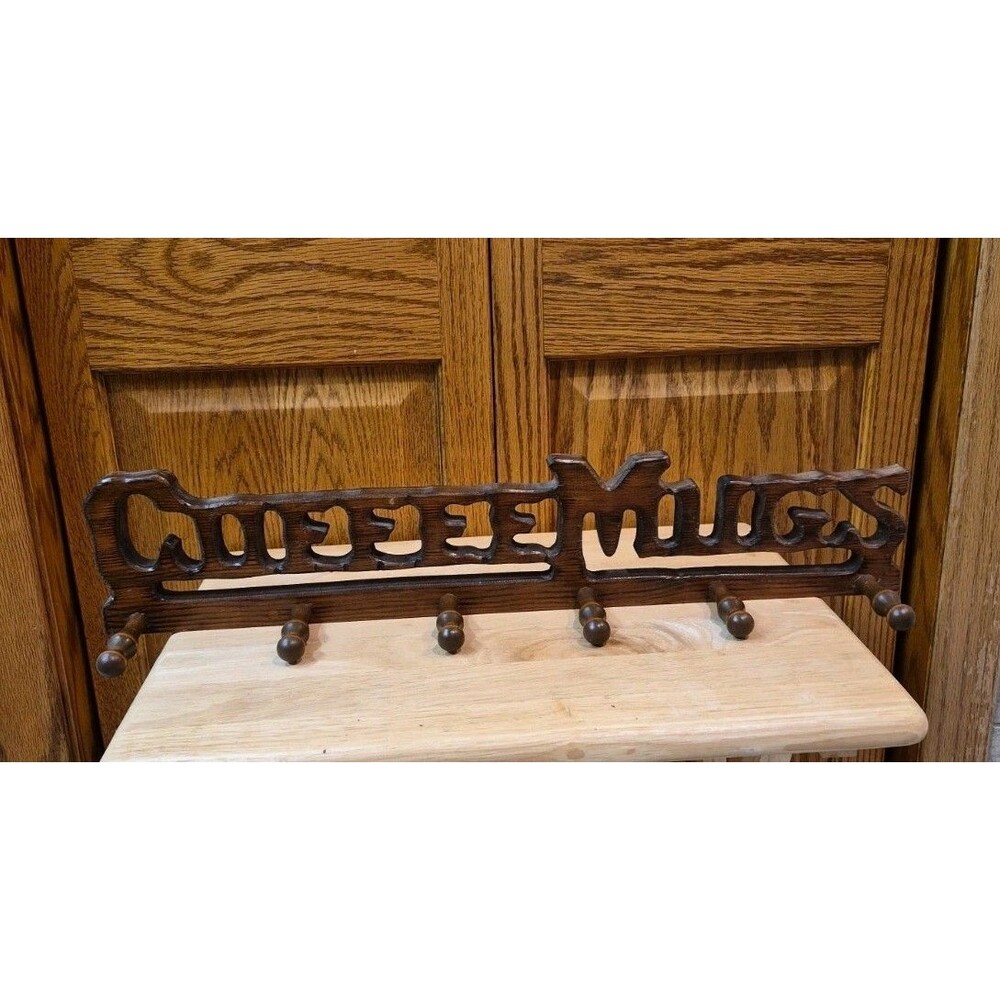 Vintage Wood Coffee Mugs 4 Peg Wall Rack Mug Cup Holder Kitchen Decor 23"×4" - Picture 13 of 13
